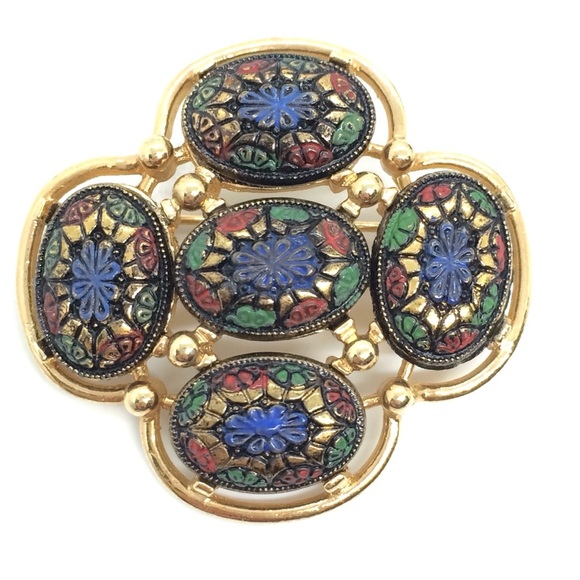 VINTAGE SARAH COVENTRY LIGHT OF THE EAST MOSAIC BROOCH GOLD TONE CROSS SIGNED - Picture 1 of 9